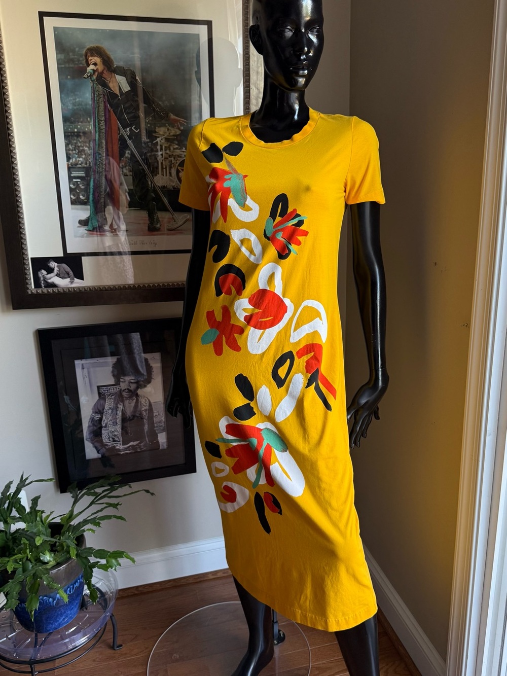 Tanya Taylor Yellow Floral Midi T-Shirt Dress